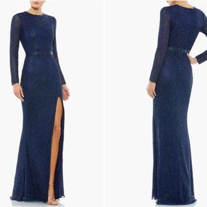 MAC DUGGAL 5056 BEADED HIGH NECK LONG SLEEVE DETAILED BELT MIDNIGHT NAVY sz 8